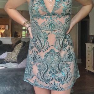 Free People Night Shimmers Mini Dress- Jewel Sage